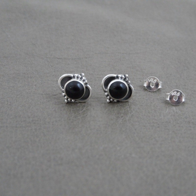 Onyx Ornate Earrings in Sterling Silver