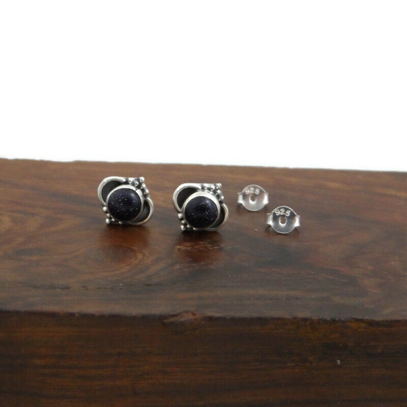 Black Aventurine Ornate Earrings in Sterling Silver