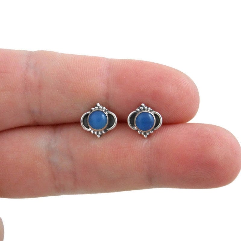 Blue Chalcedony Ornate Earrings in Sterling Silver