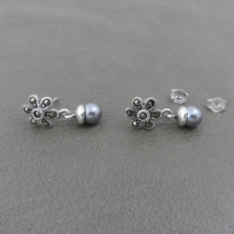 Pearl Marcasite Earrings in Sterling Silver