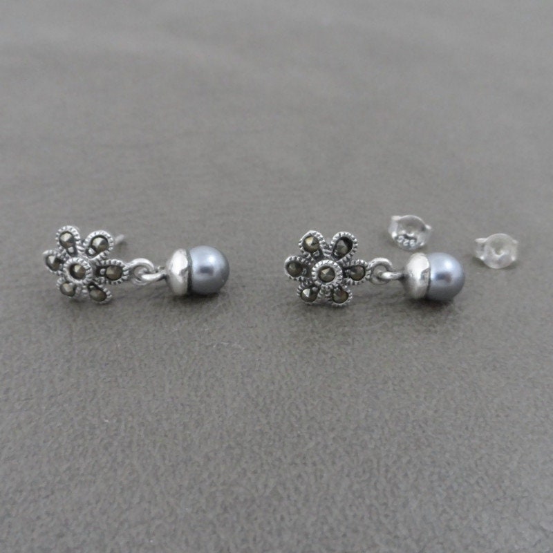 Pearl Marcasite Earrings in Sterling Silver