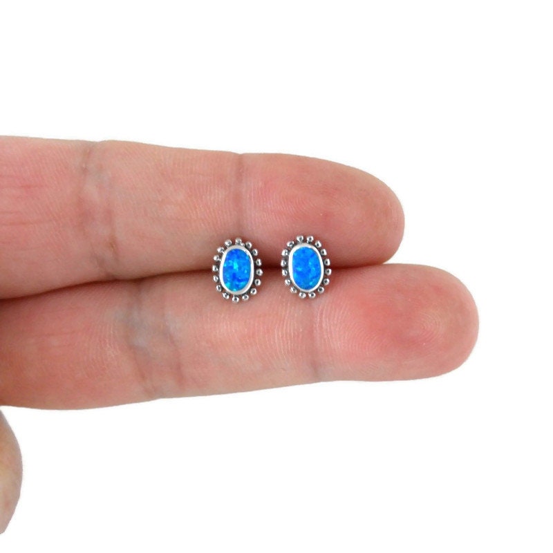 Opal Earrings in Sterling Silver-Blue Opal Oval