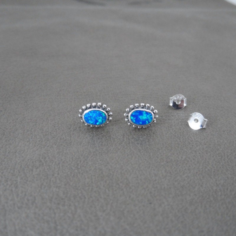 Opal Earrings in Sterling Silver-Blue Opal Oval