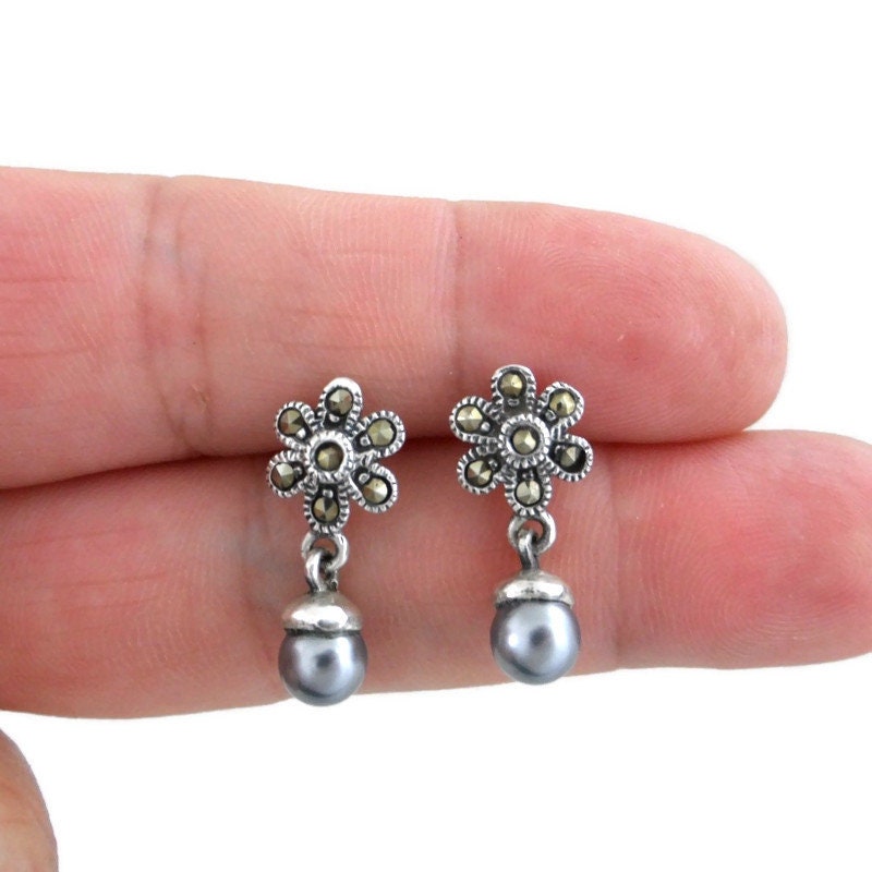 Pearl Marcasite Earrings in Sterling Silver