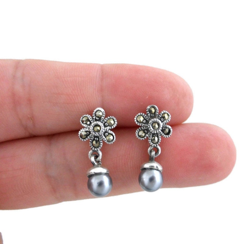 Pearl Marcasite Earrings in Sterling Silver