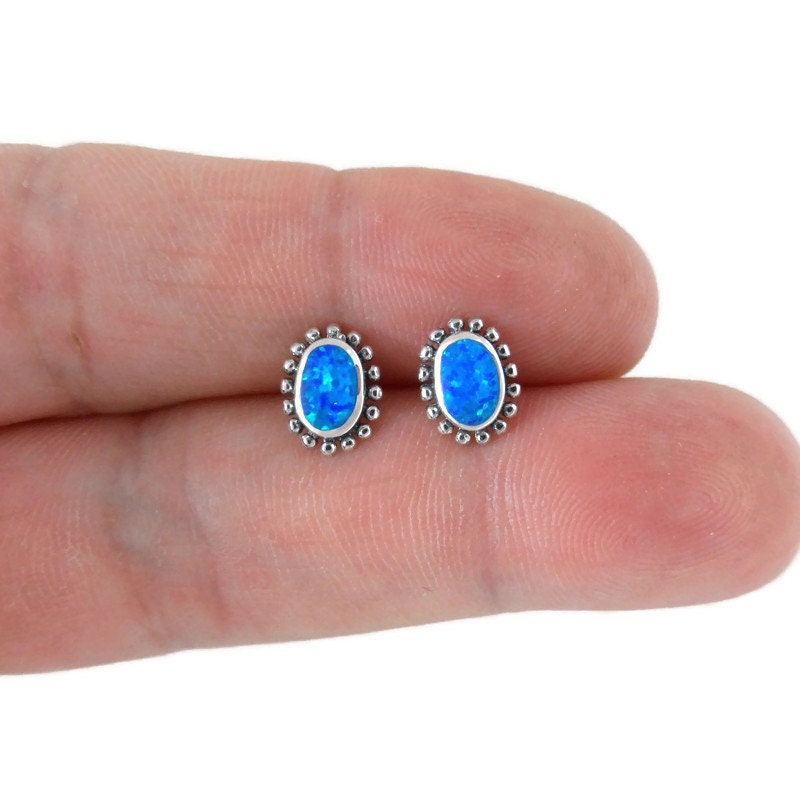 Opal Earrings in Sterling Silver-Blue Opal Oval