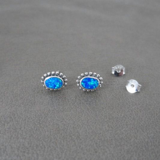 Opal Earrings in Sterling Silver-Blue Opal Oval