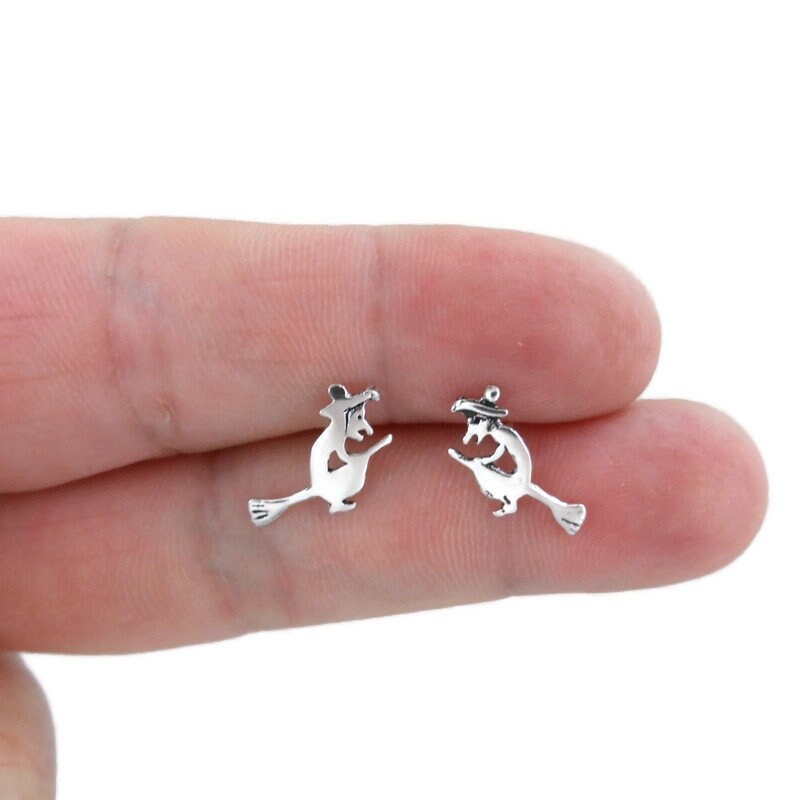 Witch on Broom Earrings in Sterling Silver, WitchEarrings, Flying Witch Earrings, Halloween Earrings, Witchy Earrings, Sterling Earring