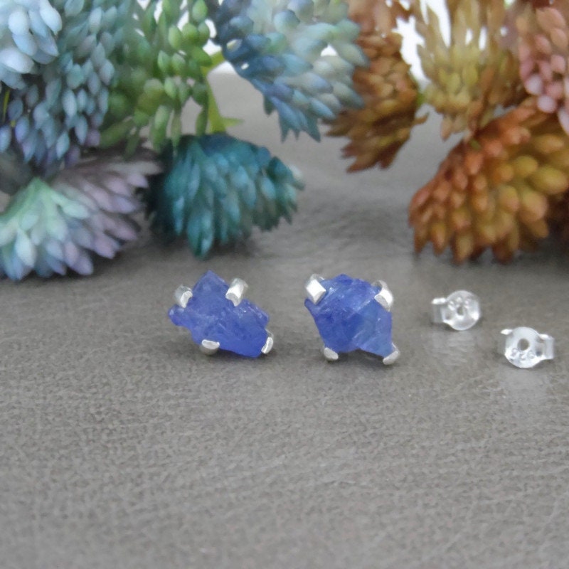 TANZANITE Sterling Silver Earrings, Raw Gemstone Earrings, Tanzanite Studs, Gemstone Studs, Crystal Earrings, Gemstone Earrings