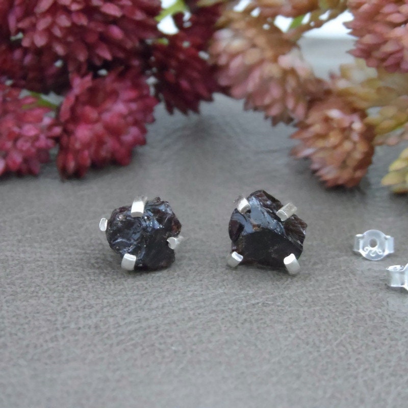 Garnet Gemstone Raw Earrings in Sterling Silver