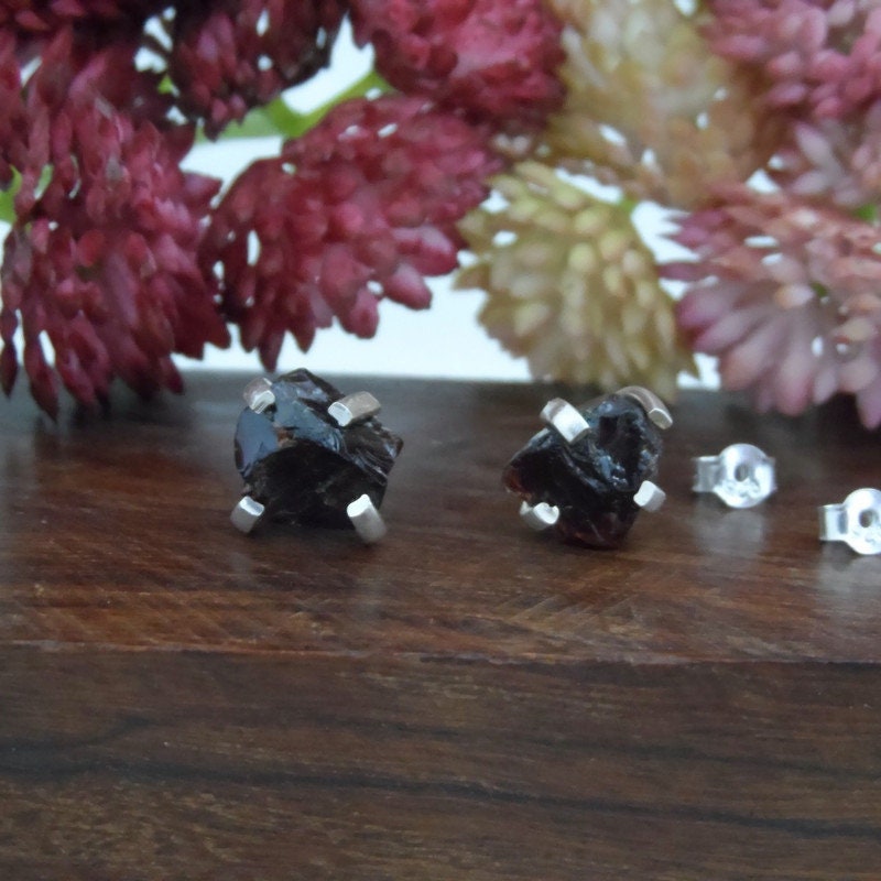 Garnet Gemstone Raw Earrings in Sterling Silver