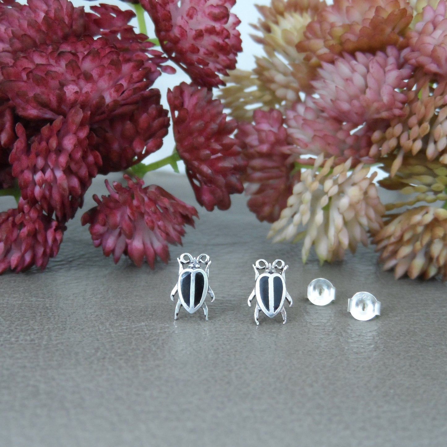 Black Beetle Earrings in Sterling Silver