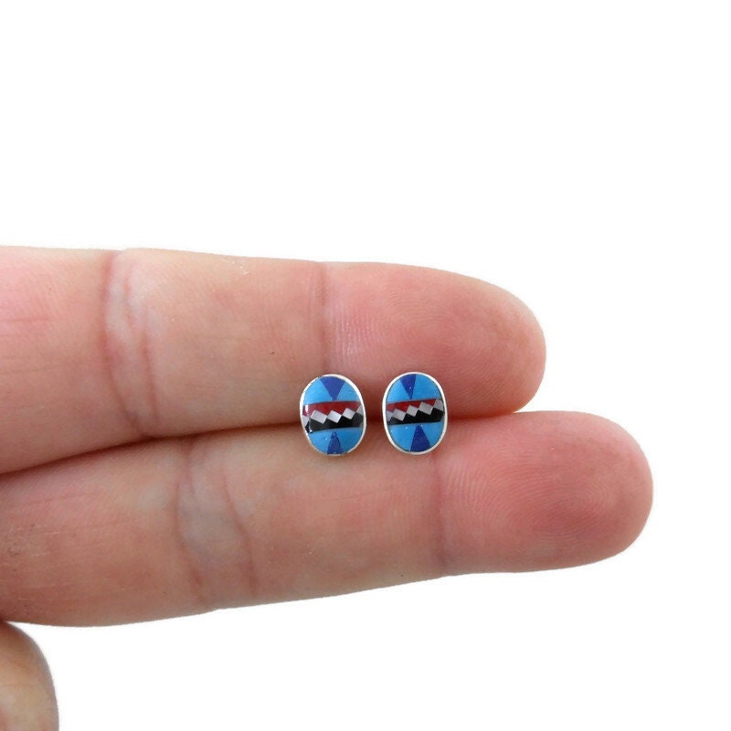 Turquoise Inlay Earrings in Sterling Silver, Sterling Inlay Stud Earrings, Inlay Earrings, Oval Stone Studs, Inlay Studs