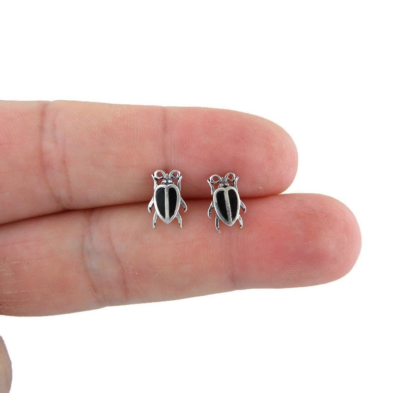 Black Beetle Earrings in Sterling Silver