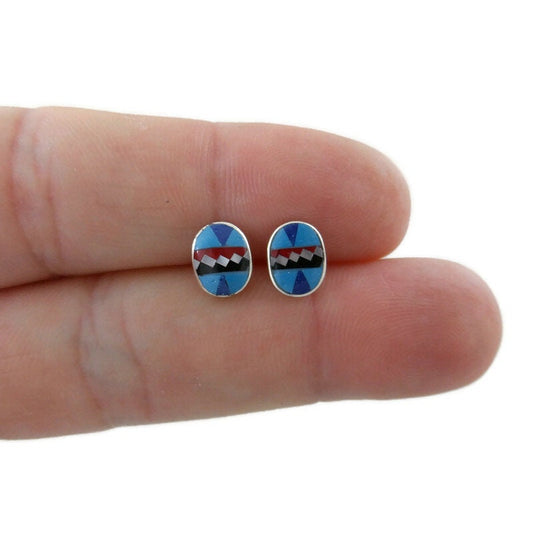 Turquoise Inlay Earrings in Sterling Silver, Sterling Inlay Stud Earrings, Inlay Earrings, Oval Stone Studs, Inlay Studs