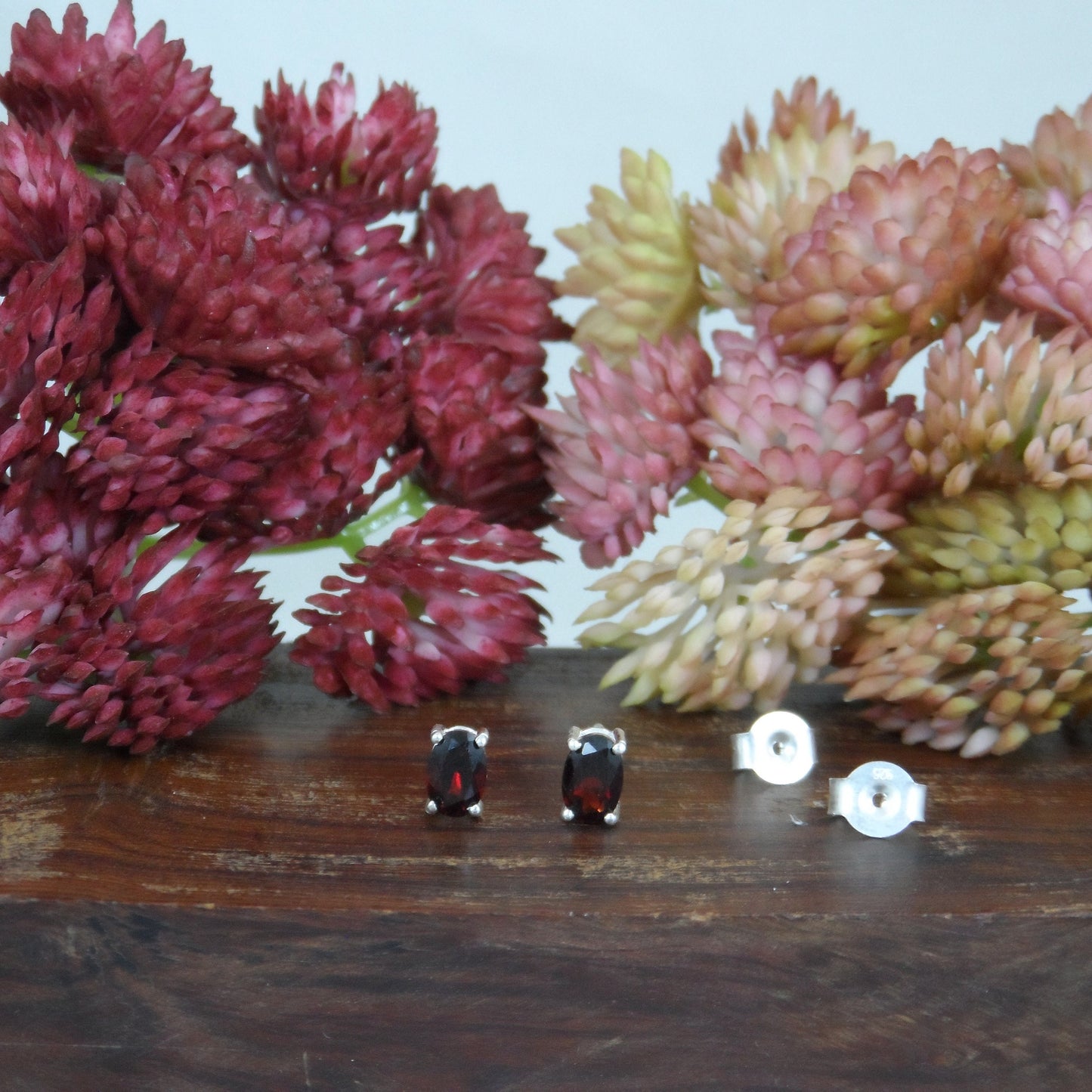 Oval Garnet Sterling Silver Stud Earrings