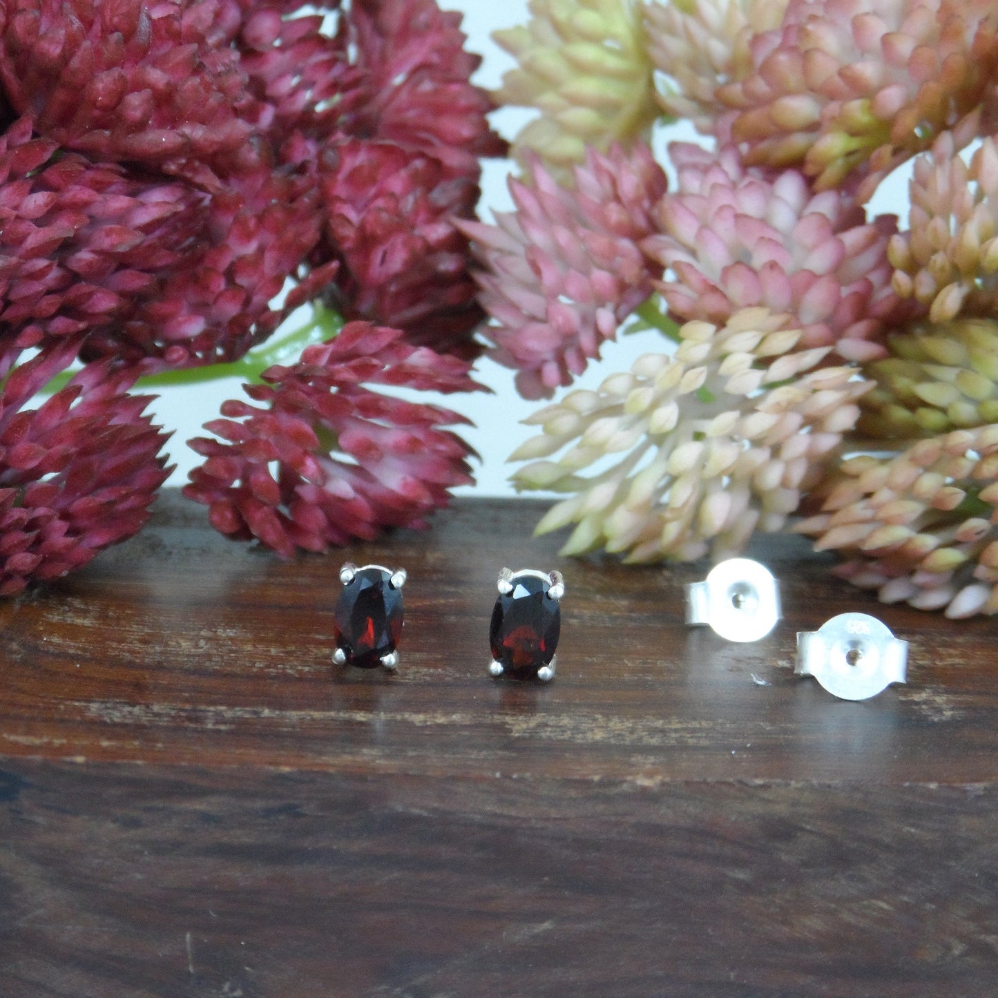 Oval Garnet Sterling Silver Stud Earrings