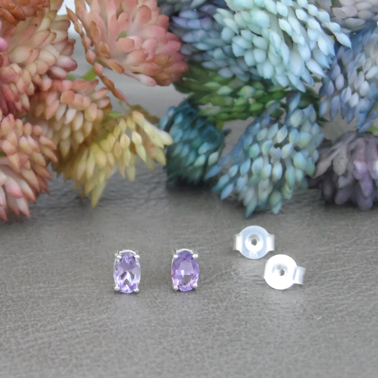 Amethyst Gemstone Earrings in Sterling Silver-Oval