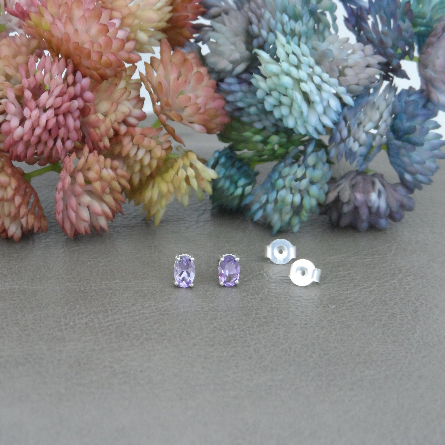 Amethyst Gemstone Earrings in Sterling Silver-Oval