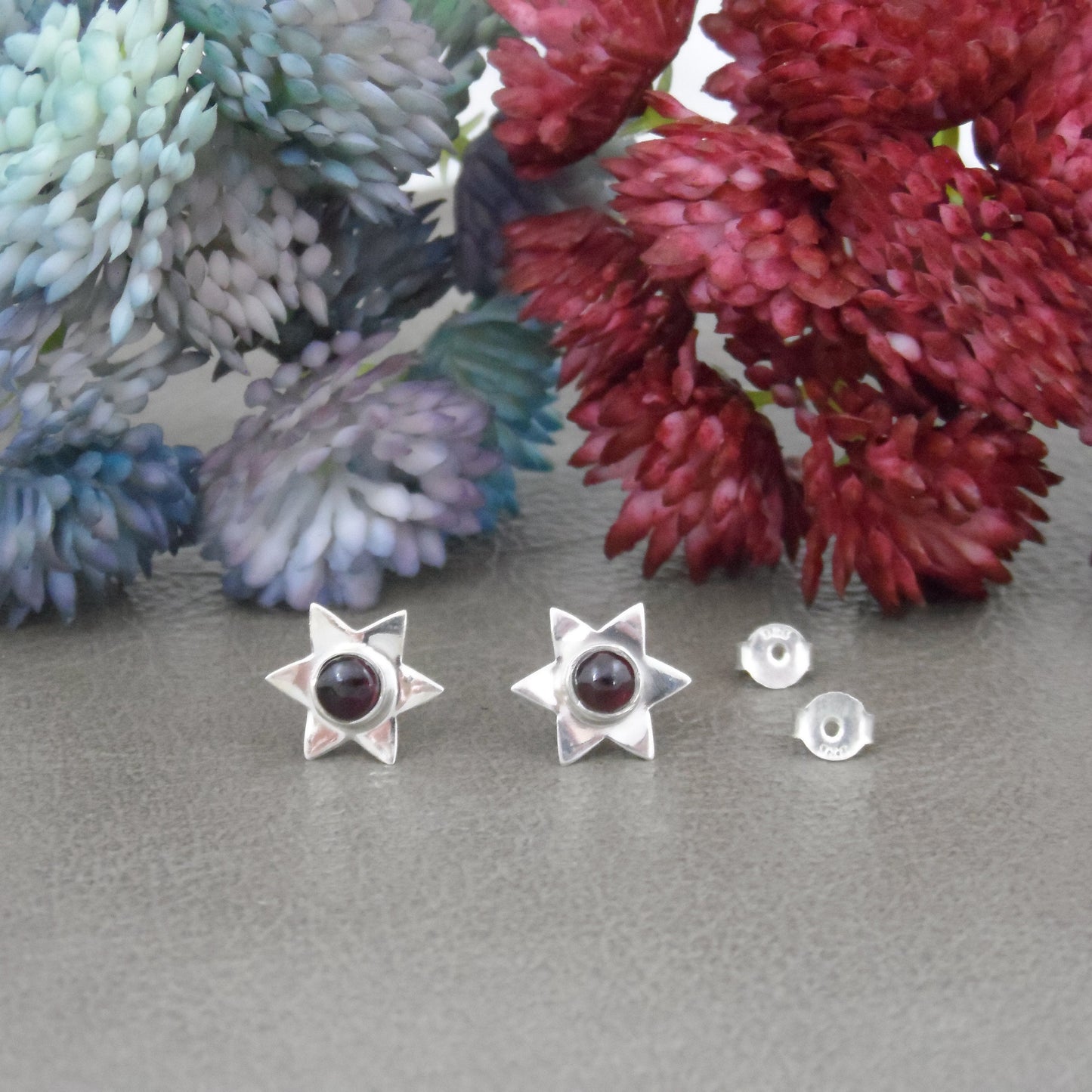 Garnet Star Earrings in Sterling Silver, Garnet Earrings, Star Earrings, Celestial Earrings, Garnet Studs,Gemstone Earrings,