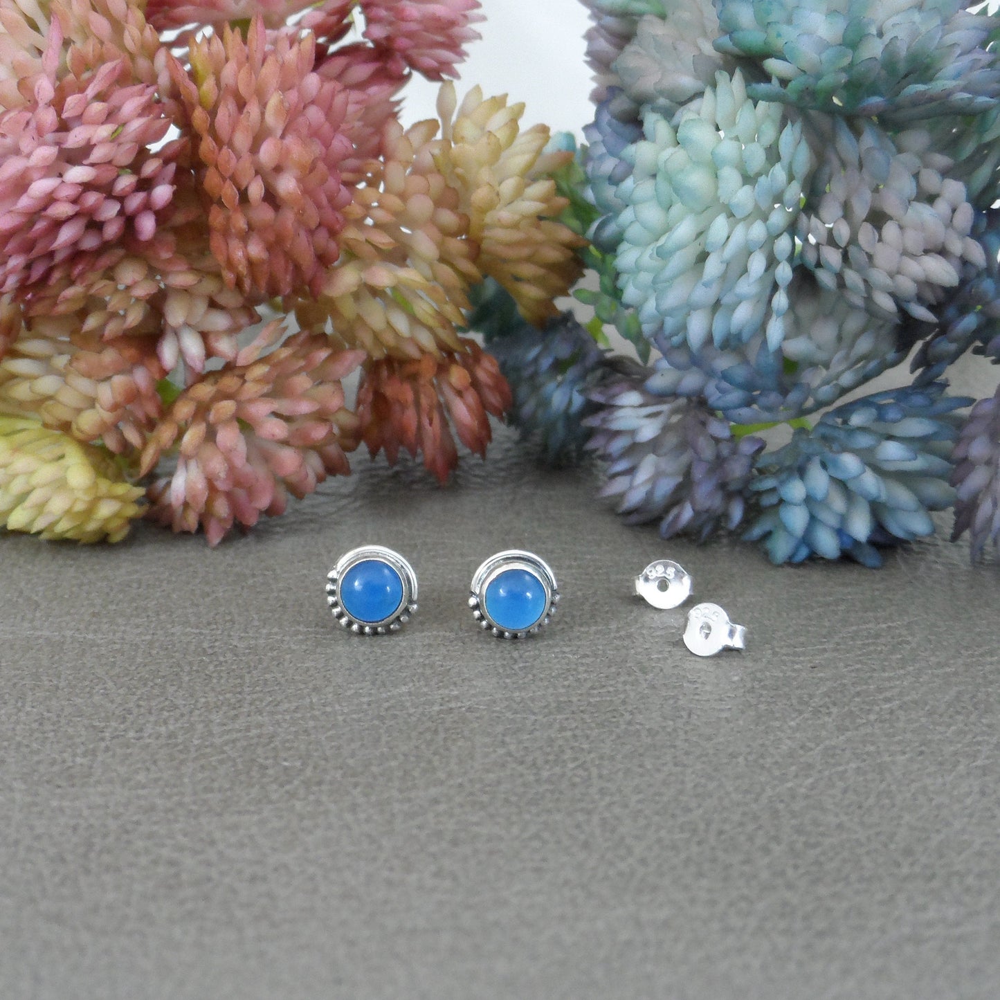 Blue Chalcedony Sunburst Earrings in Sterling Silver