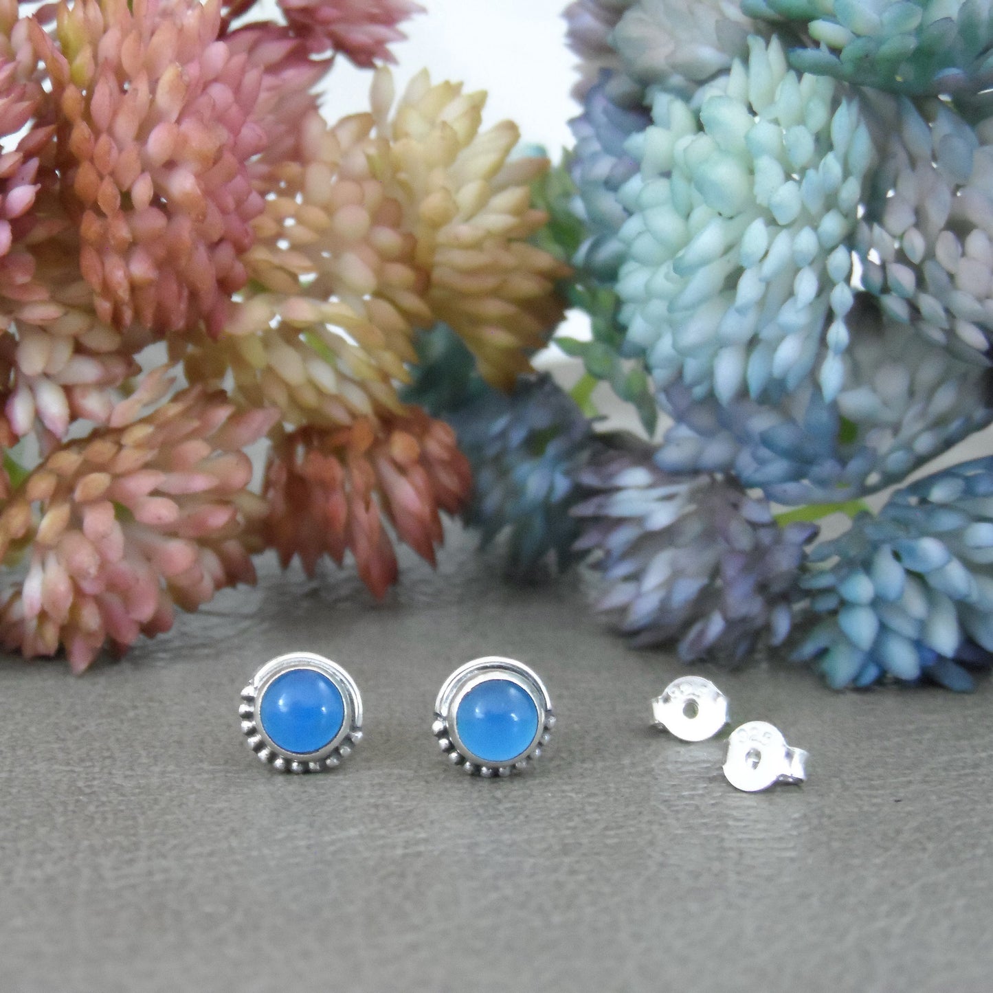 Blue Chalcedony Sunburst Earrings in Sterling Silver