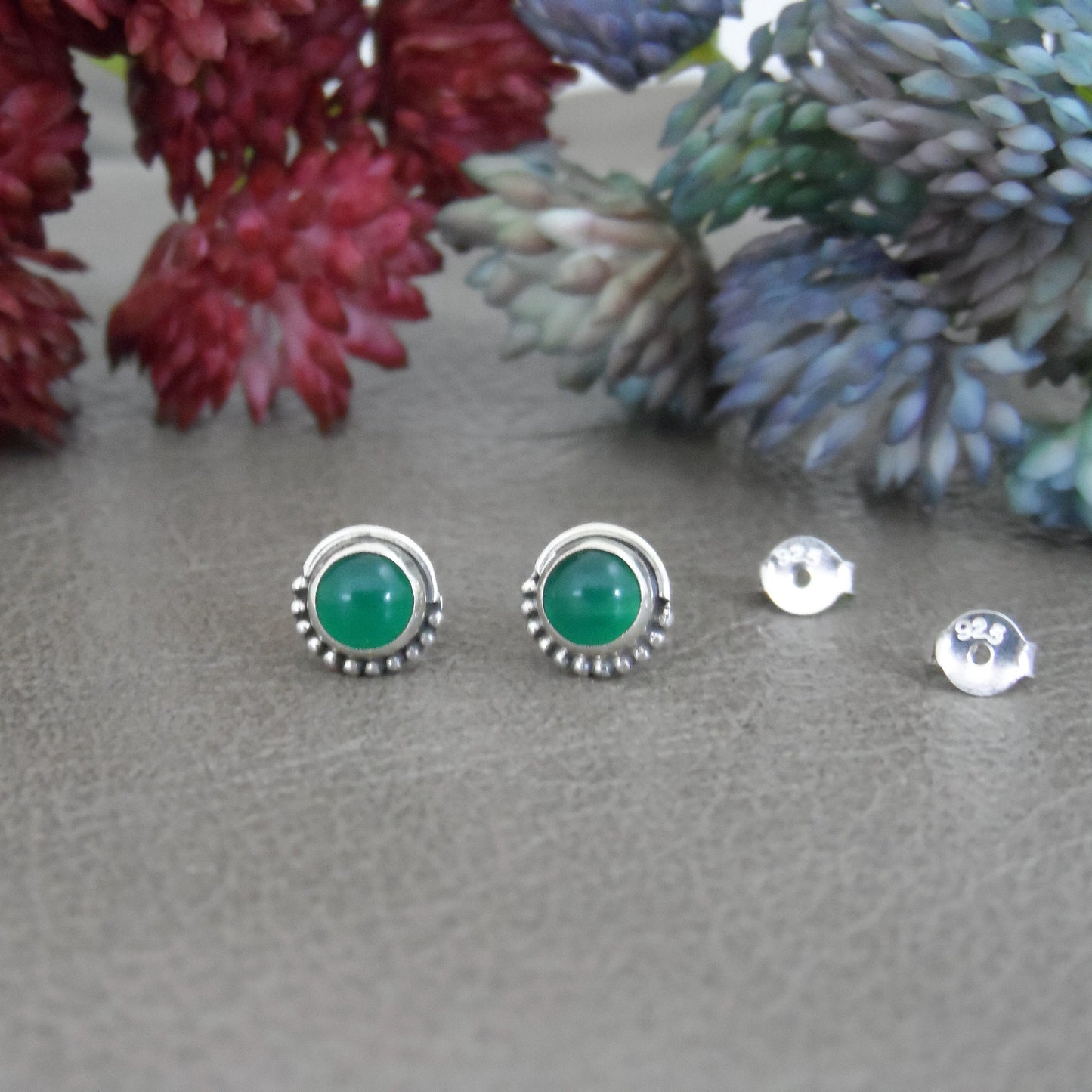 Green Chalcedony Sunburst Earrings in Sterling Silver