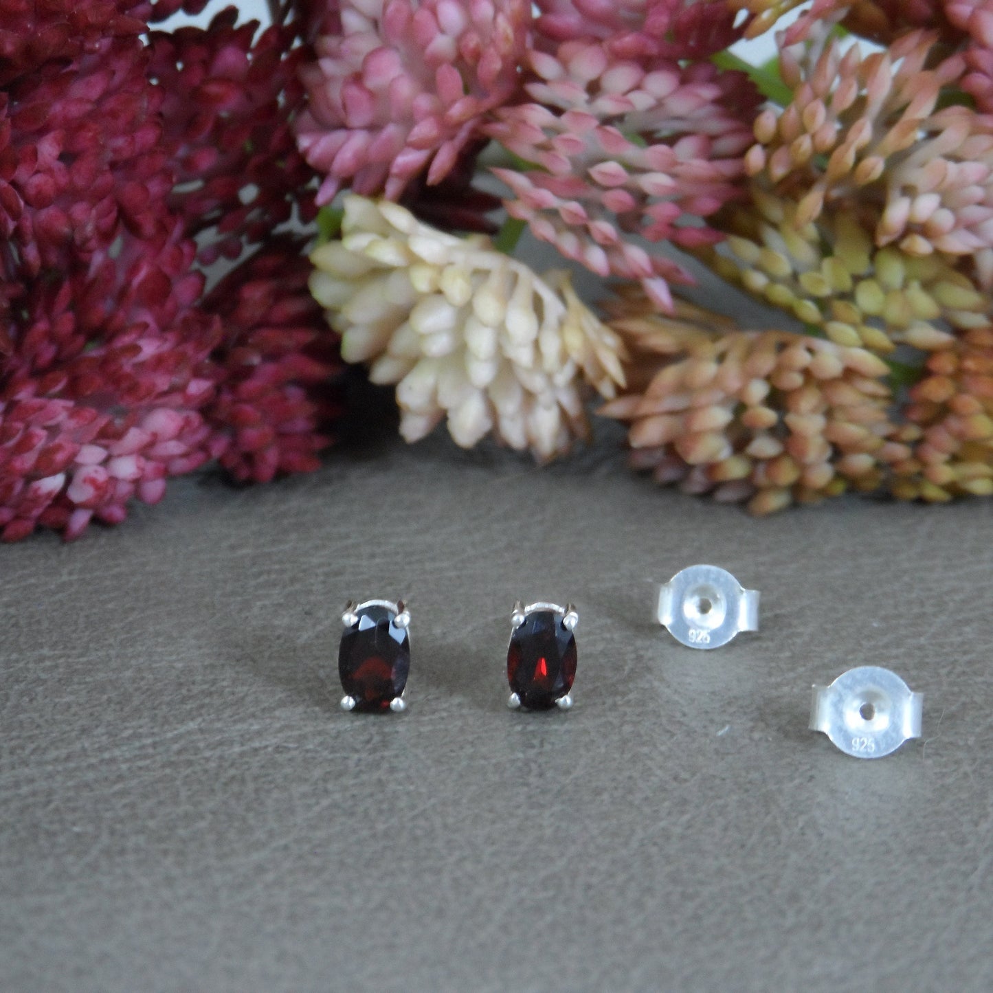 Oval Garnet Sterling Silver Stud Earrings