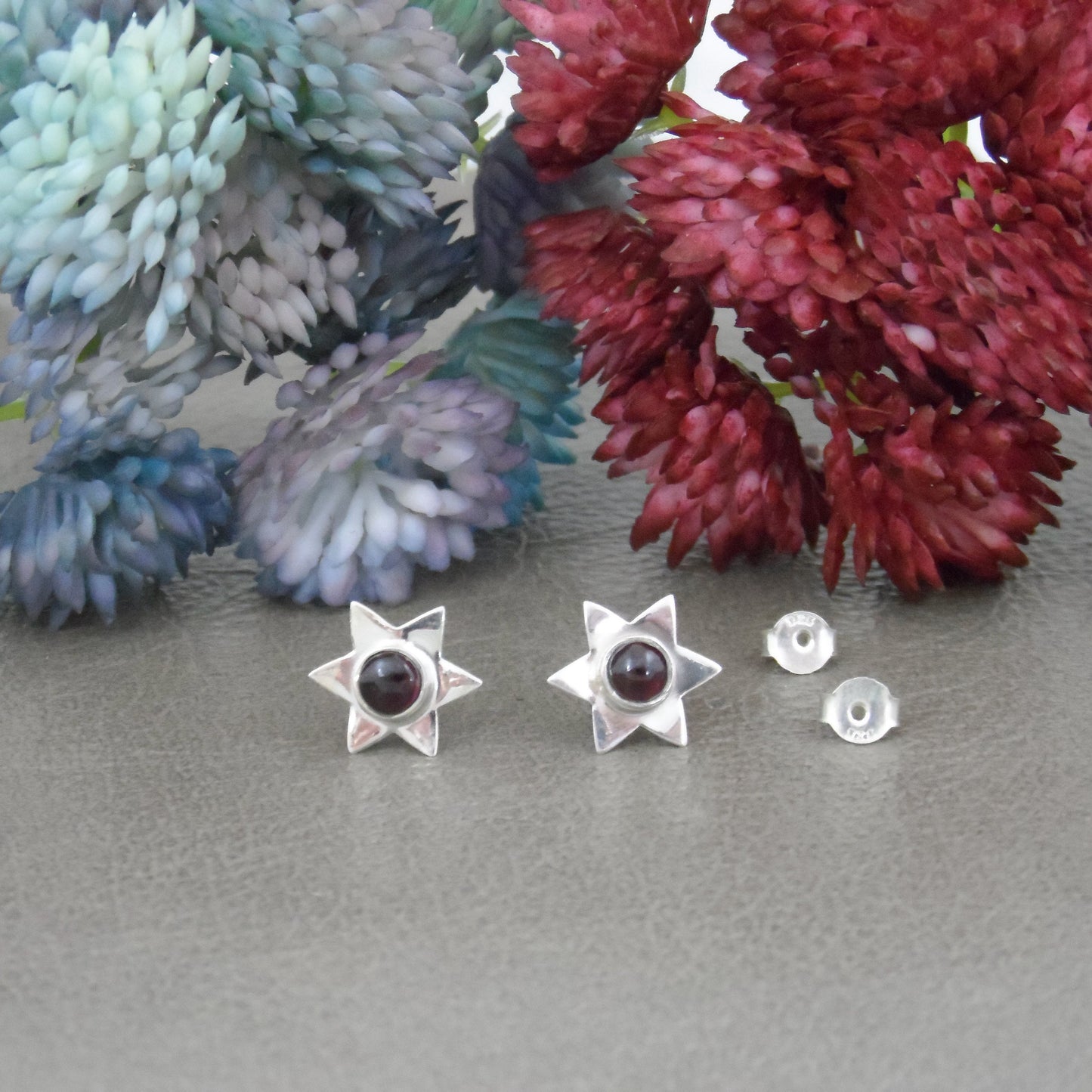 Garnet Star Earrings in Sterling Silver, Garnet Earrings, Star Earrings, Celestial Earrings, Garnet Studs,Gemstone Earrings,