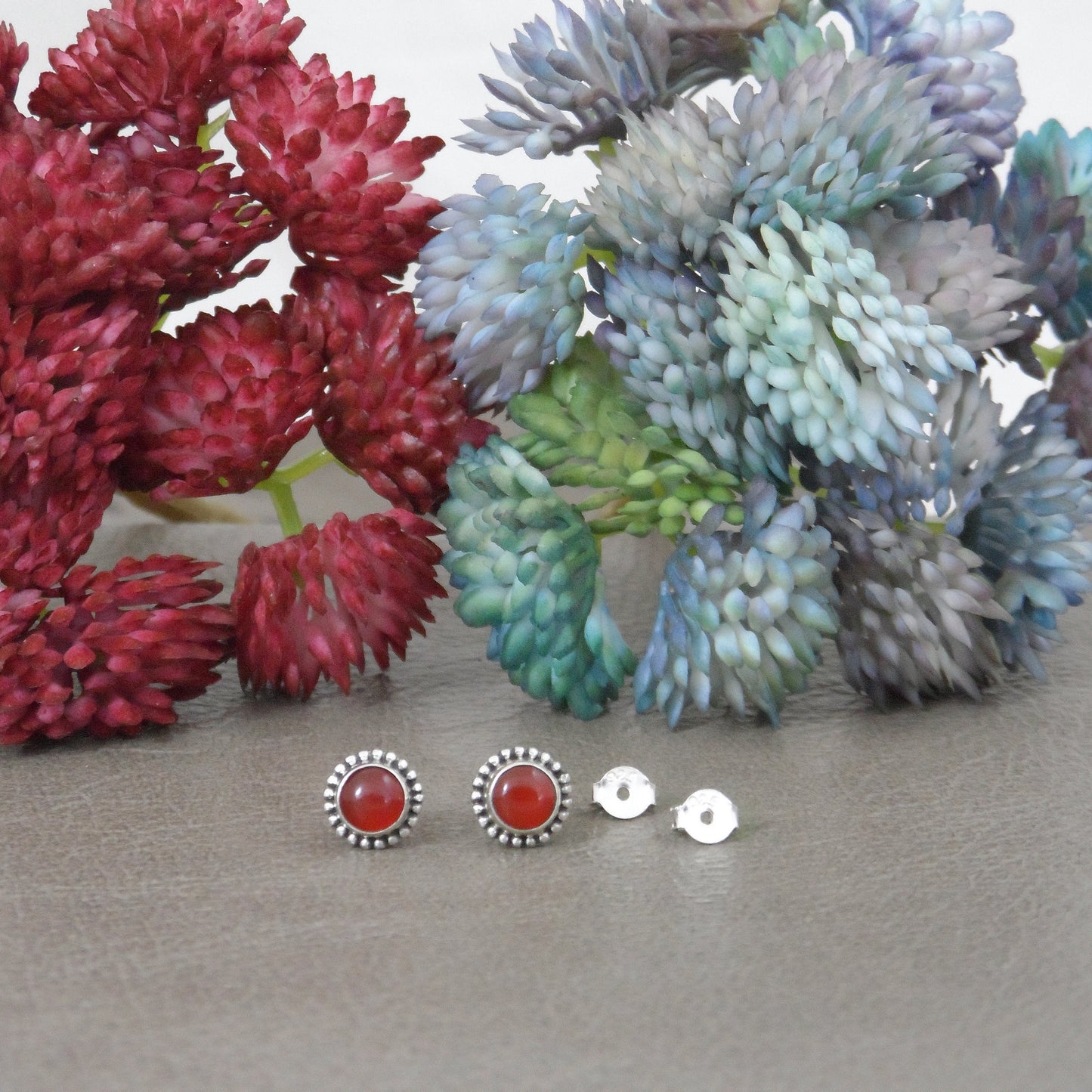 Carnelian Sunburst Earrings in Sterling Silver