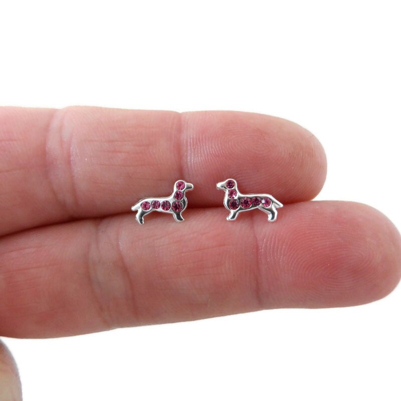 Pink Dachshund Dog Earrings in Sterling Silver