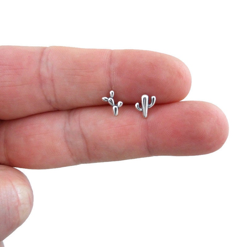 Tiny Cactus Mismatched Studs in Sterling Silver, Nopal Cactus Earrings, Cactus Studs, Saguaro Jewelry, Desert Earrings, Southwest Jewelry