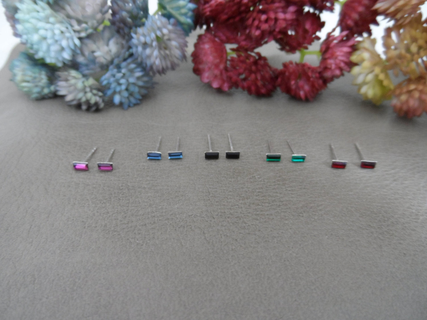 Tiny Rectangle Earrings in Sterling Silver, Birthstone Earrings, Birthstone Studs, 4mm Stud Earrings, Crystal Stud Earrings,Tiny Earrings