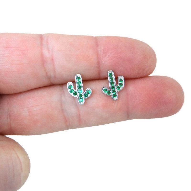 Green Cactus Earrings in Sterling Silver