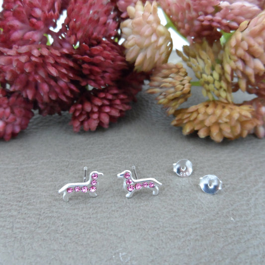 Pink Dachshund Dog Earrings in Sterling Silver