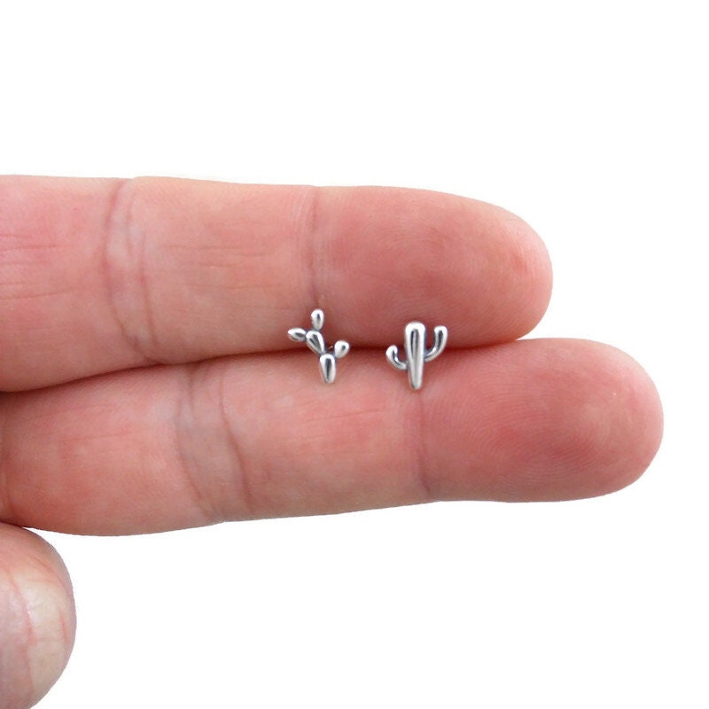 Tiny Cactus Mismatched Studs in Sterling Silver, Nopal Cactus Earrings, Cactus Studs, Saguaro Jewelry, Desert Earrings, Southwest Jewelry