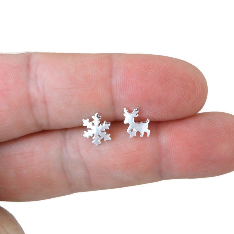 Reindeer and Snowflake Earrings in Sterling Silver