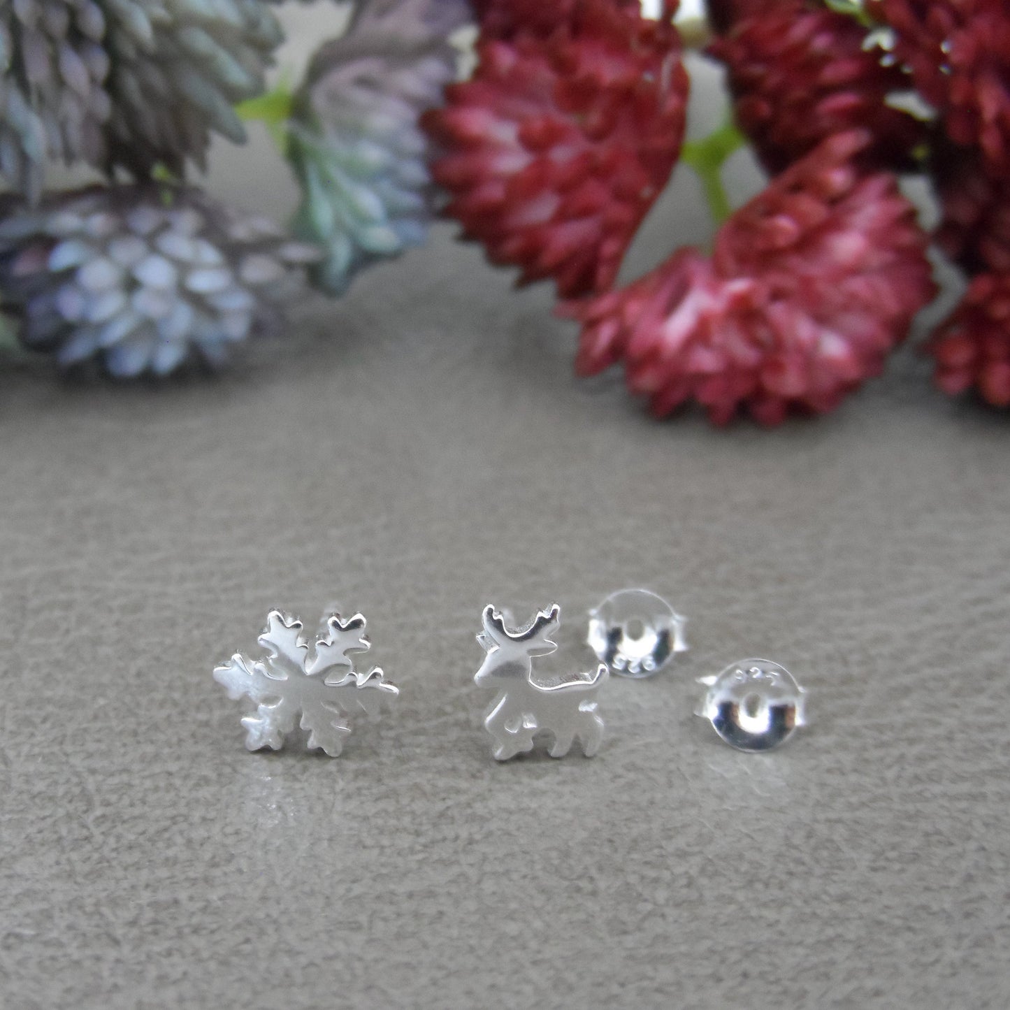 Reindeer and Snowflake Earrings in Sterling Silver