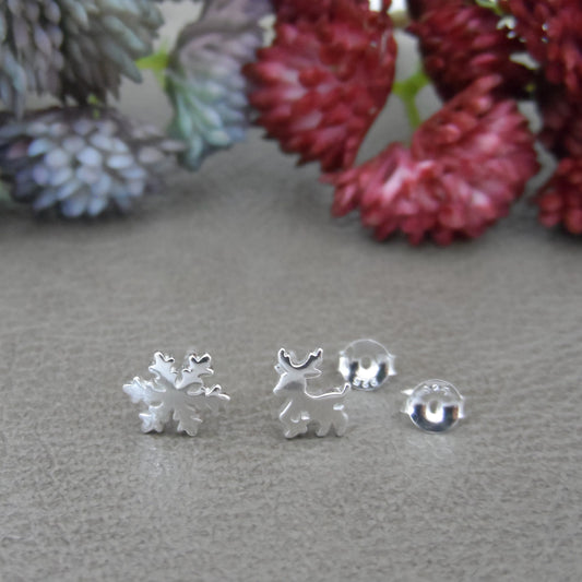 Reindeer and Snowflake Earrings in Sterling Silver