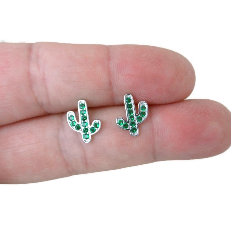 Green Cactus Earrings in Sterling Silver