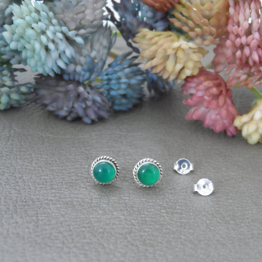 Green Chalcedony Earrings in Sterling Silver-Rope Border