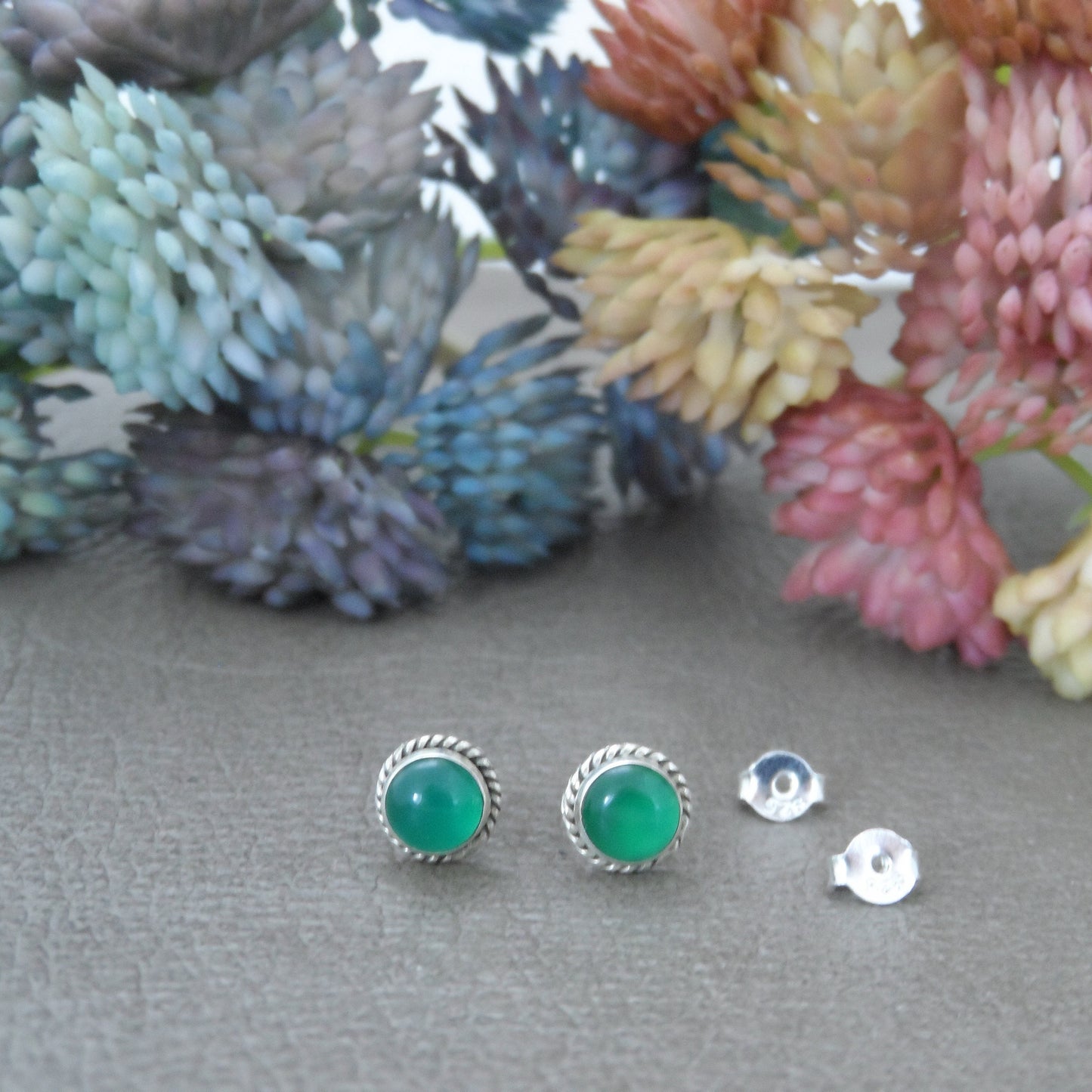 Green Chalcedony Earrings in Sterling Silver-Rope Border