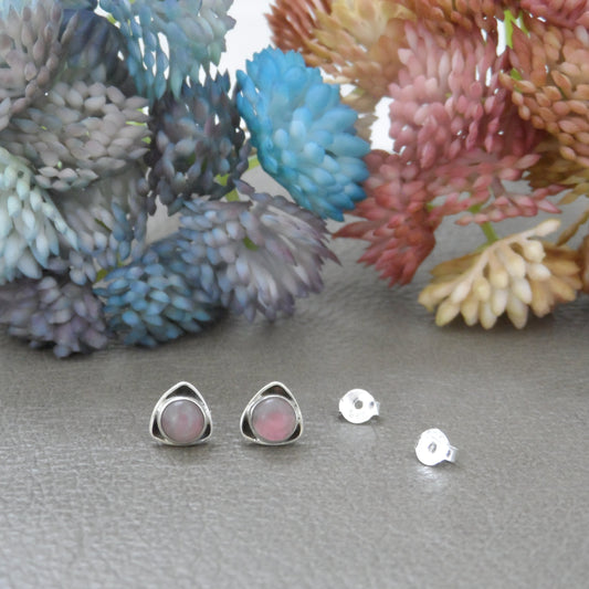 Pink Rose Quartz Triangle Earrings in Sterling Silver