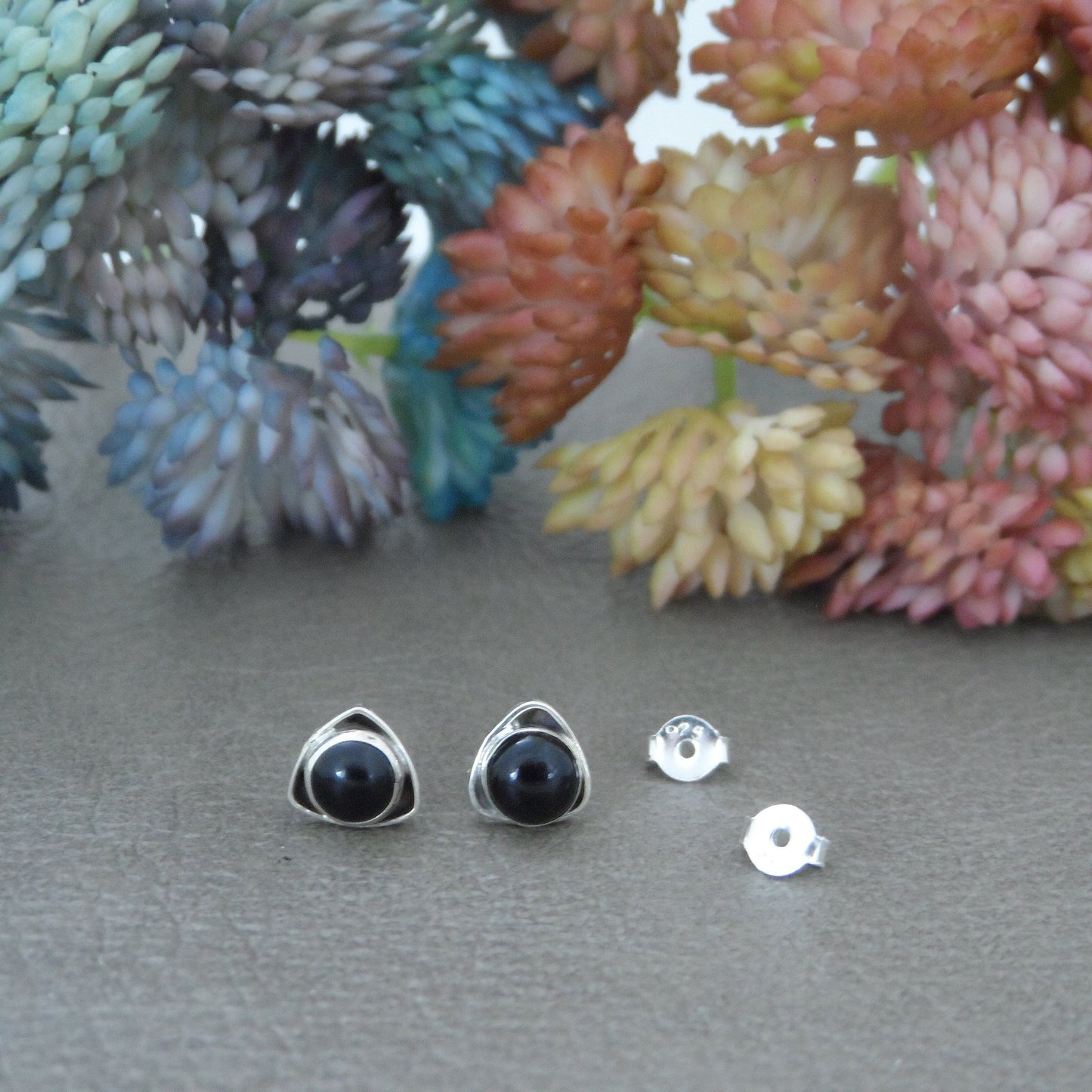 Black Onyx Triangle Earrings in Sterling Silver