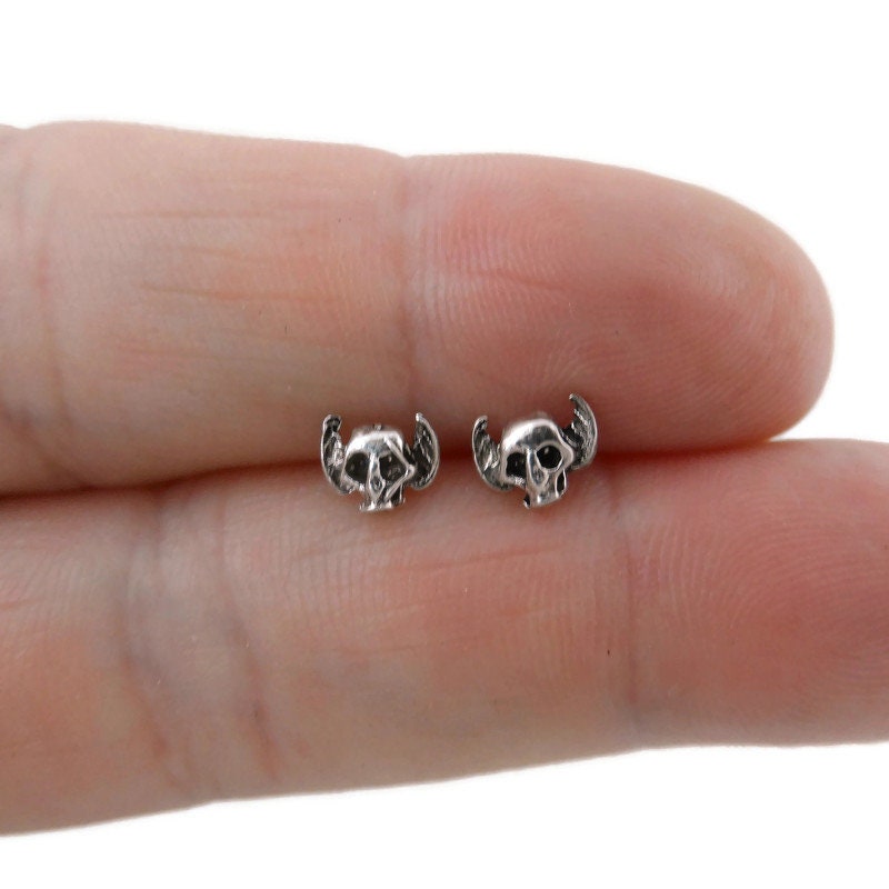 Tiny Skull with Wings Earrings in Sterling Silver, Skull Earrings, Silver Skull Earrings, Cartilage Studs, Skull Studs, Halloween Earrings