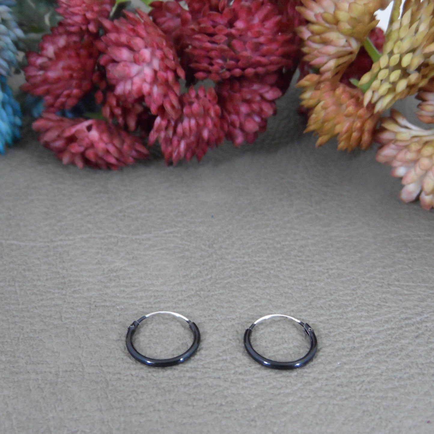 Black Enamel Hoop Sterling Silver Earrings-12mm