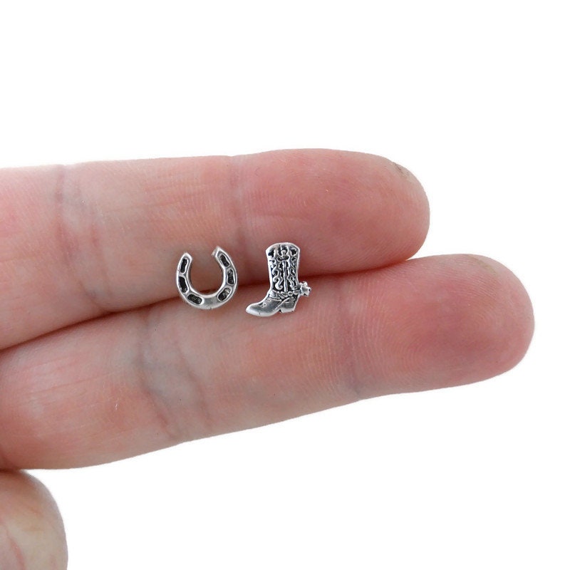 Tiny Boot & Horseshoe Earrings in Sterling Silver, Boot Earrings, Gun Studs, Western Earrings, Mismatched Earrings, Western Jewelry