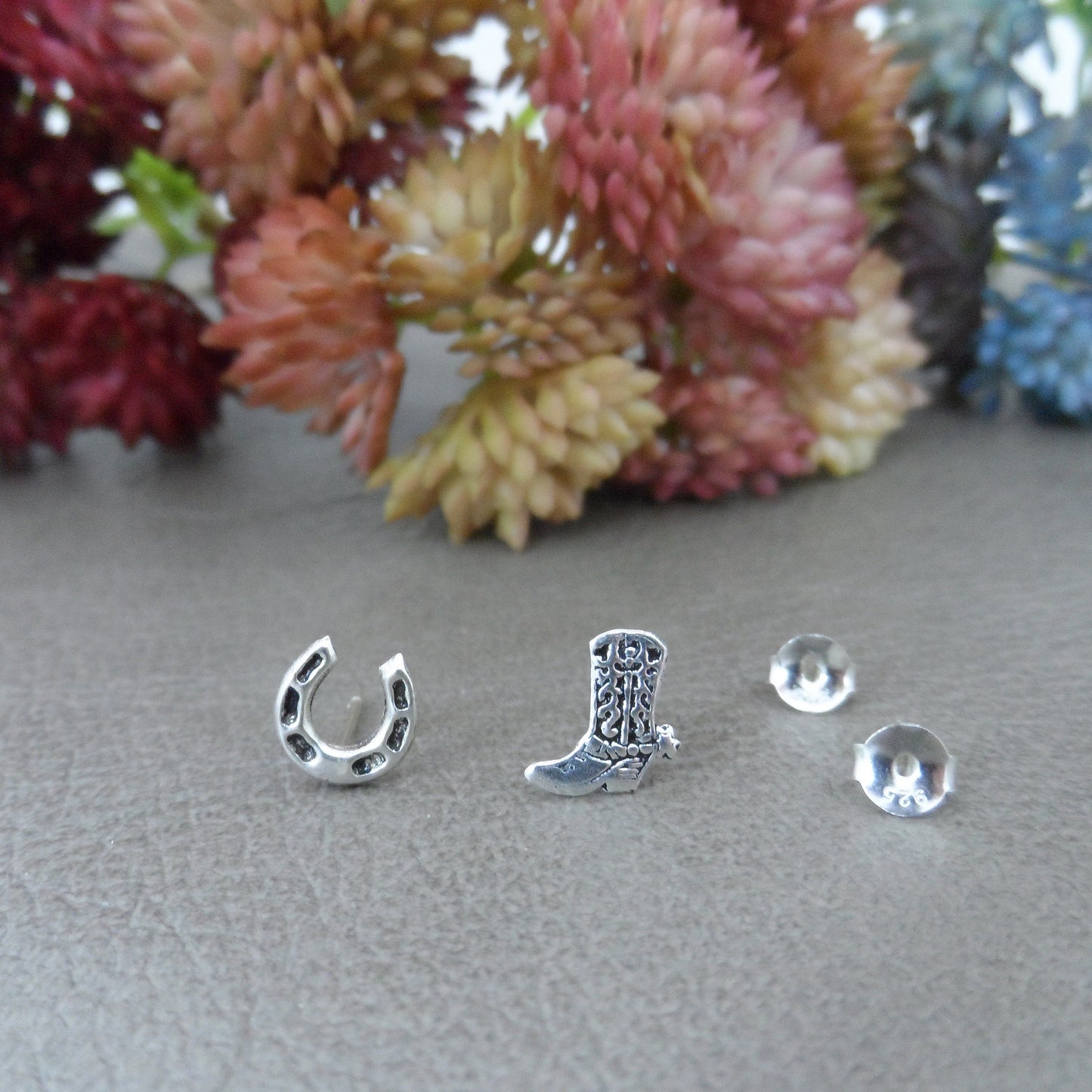 Tiny Boot & Horseshoe Earrings in Sterling Silver, Boot Earrings, Gun Studs, Western Earrings, Mismatched Earrings, Western Jewelry