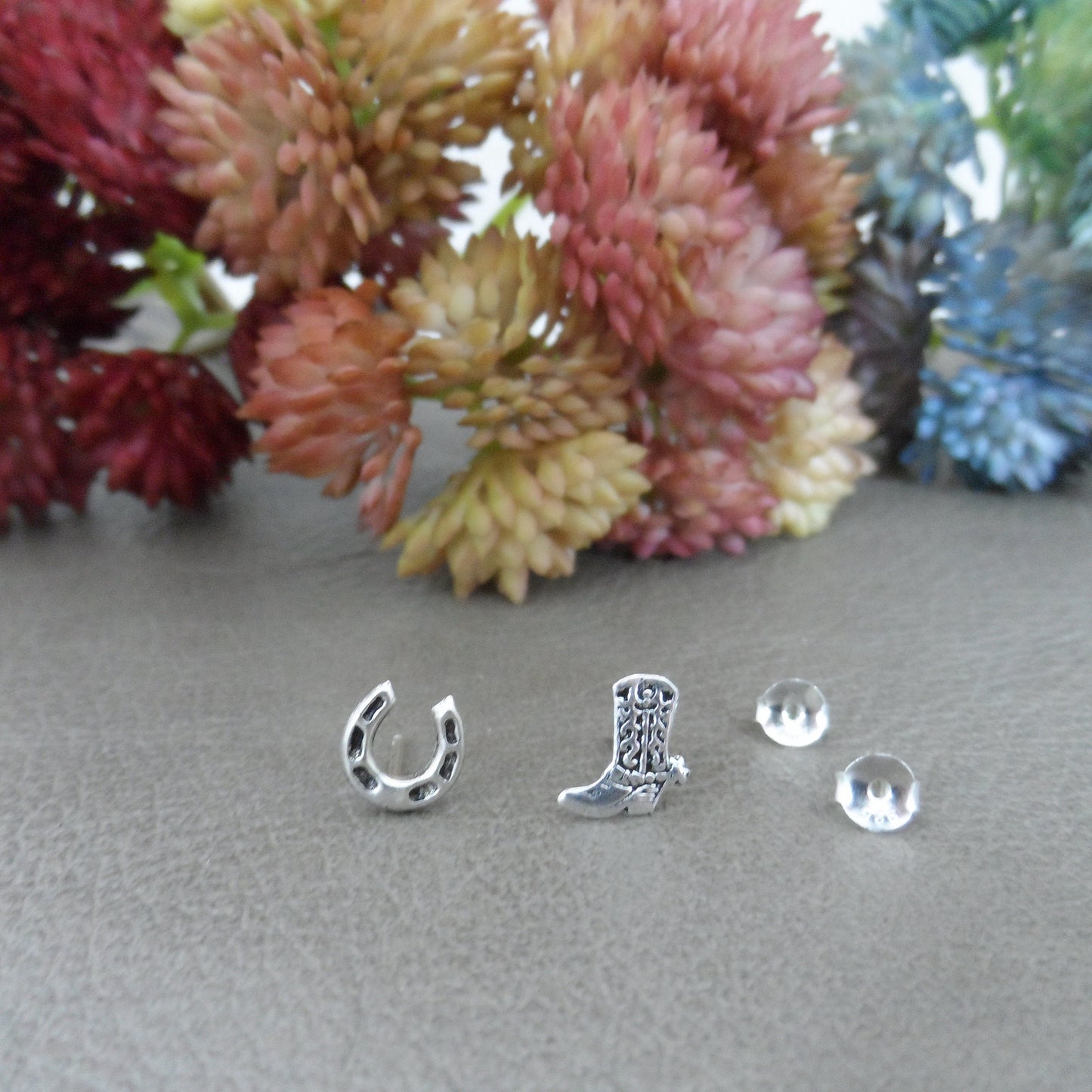 Tiny Boot & Horseshoe Earrings in Sterling Silver, Boot Earrings, Gun Studs, Western Earrings, Mismatched Earrings, Western Jewelry