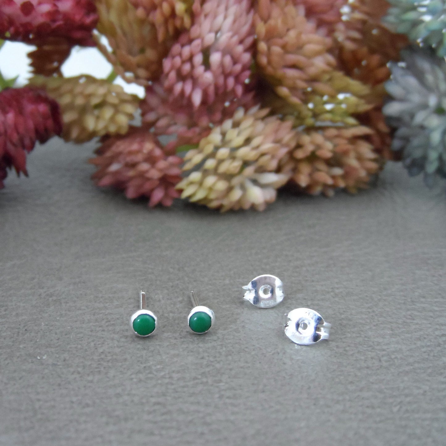 Tiny Malachite Stud Earrings in Sterling Silver, Malachite Earrings, 3mm Earrings, Minimalist Earrings, Dainty Earrings, Green Stone Studs